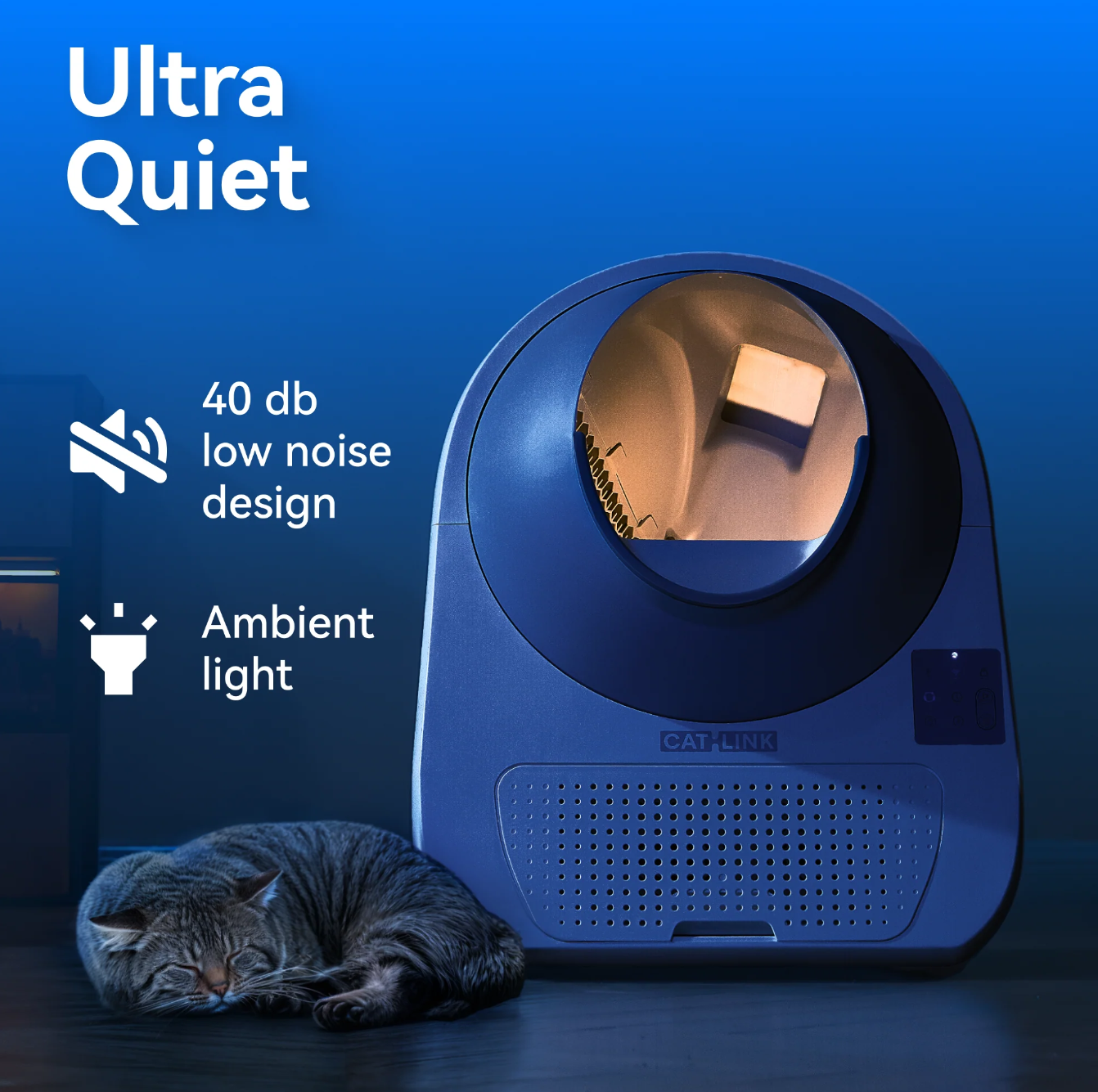 Blue litter box with a cat sleeping next to it, labeled 'Ultra Quiet' on a blue background.